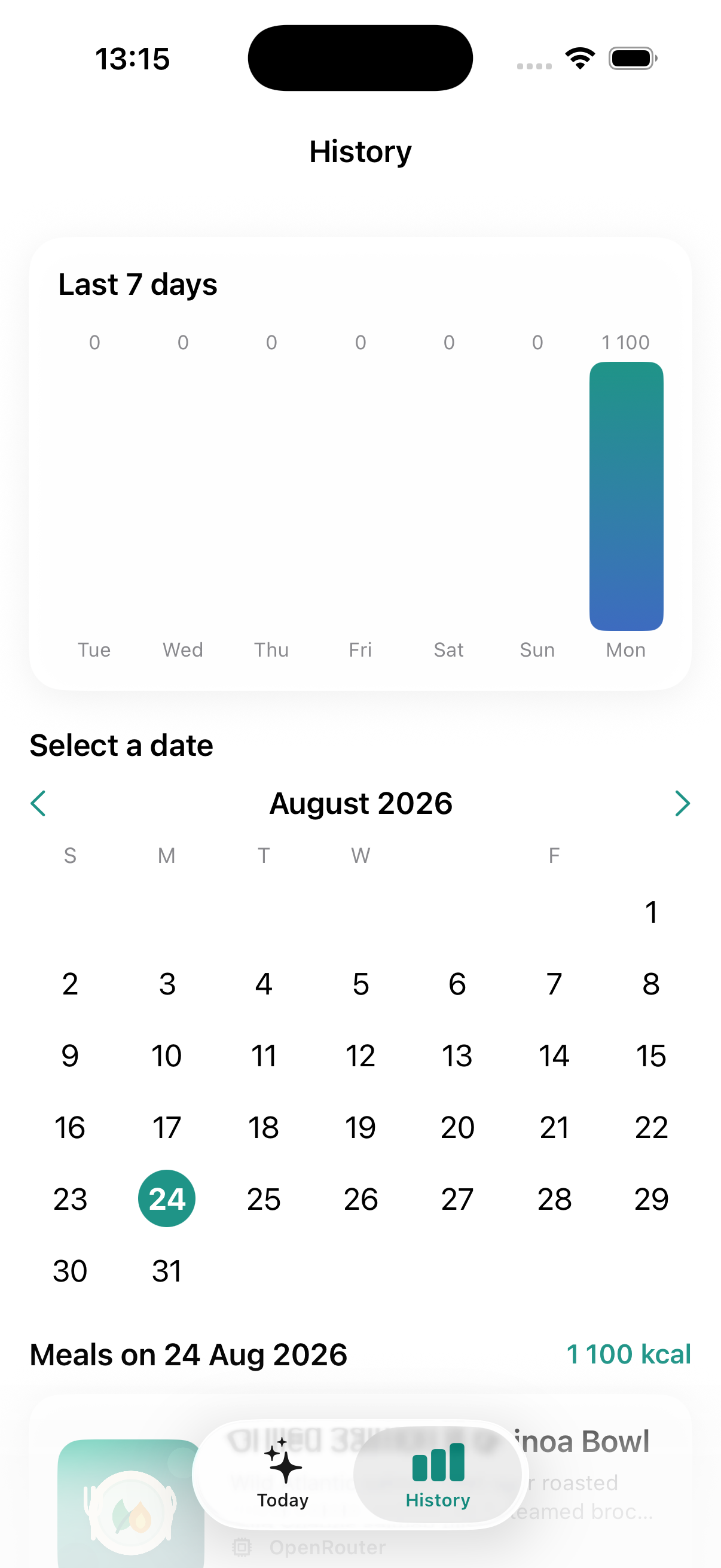 CalApp History View with weekly caloric breakdown charts