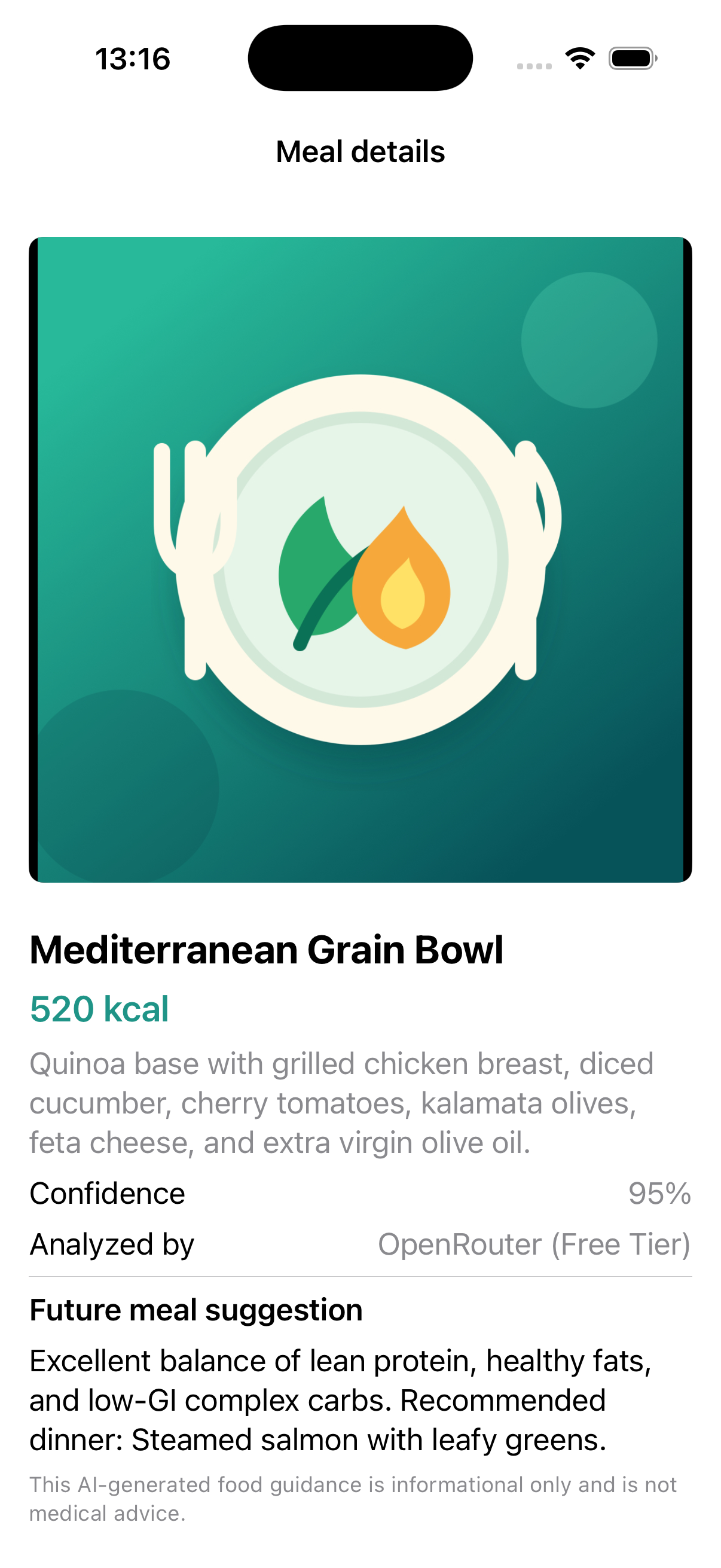 CalApp Meal Detail View with breakdown and future meal advice