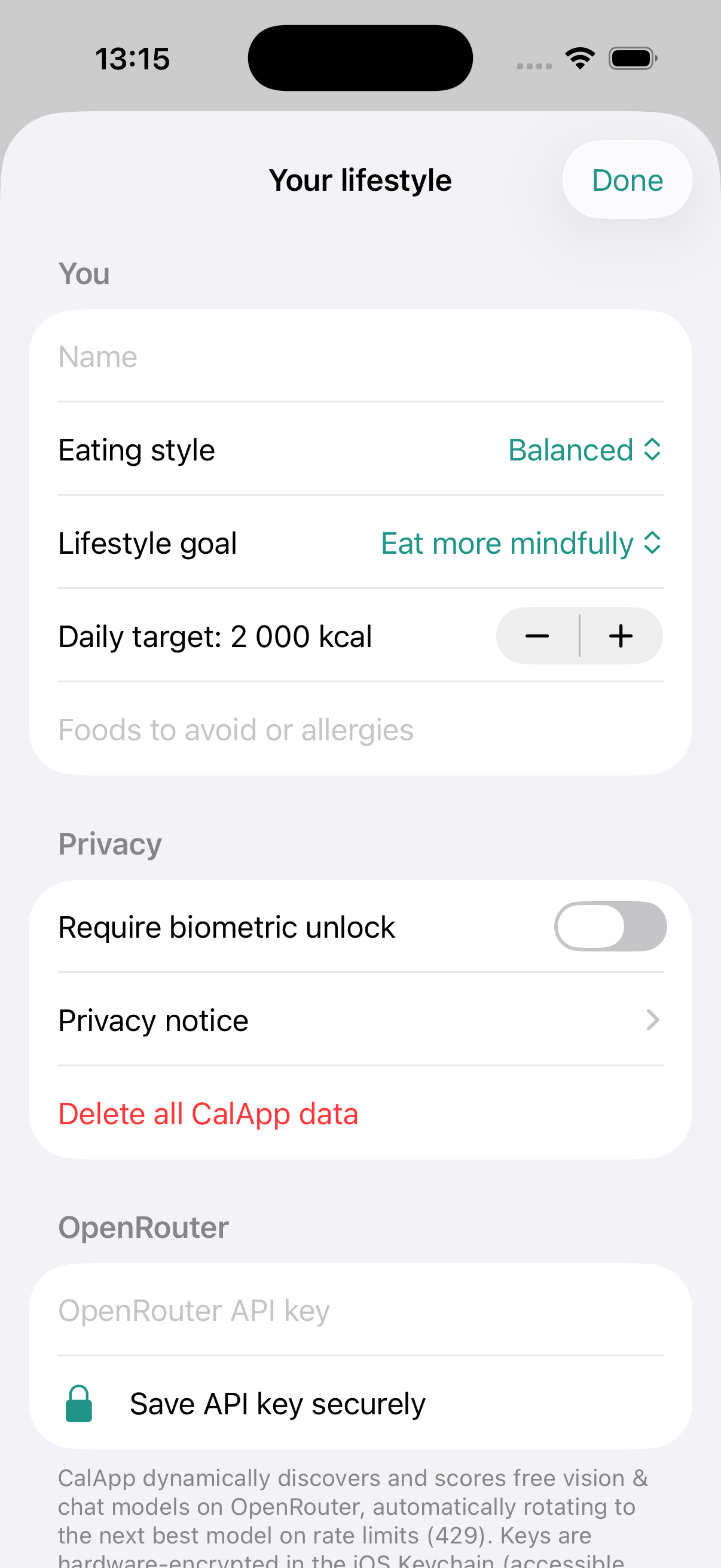 CalApp Settings Screen with OpenRouter Free Vision Model Engine
