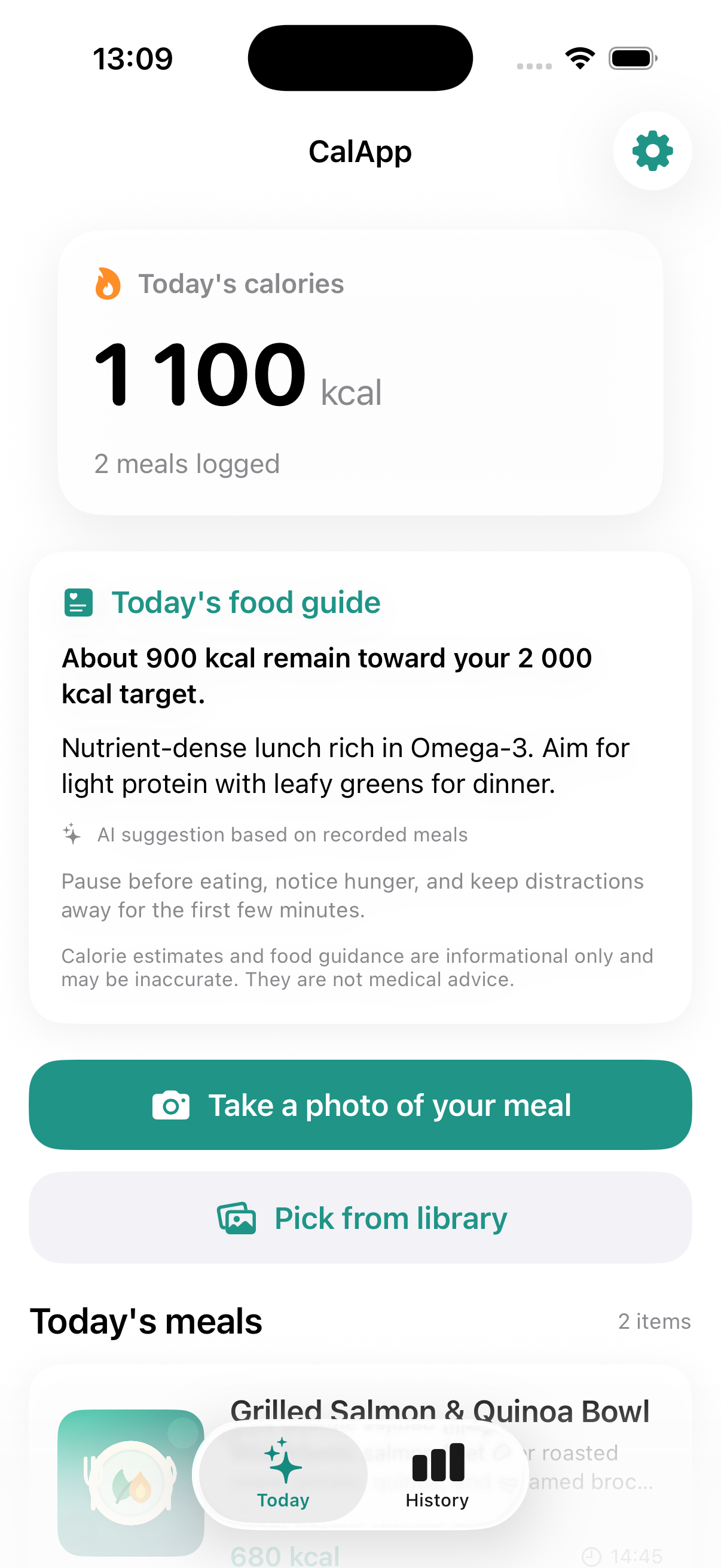 CalApp Today Dashboard with logged meals and live calorie summary